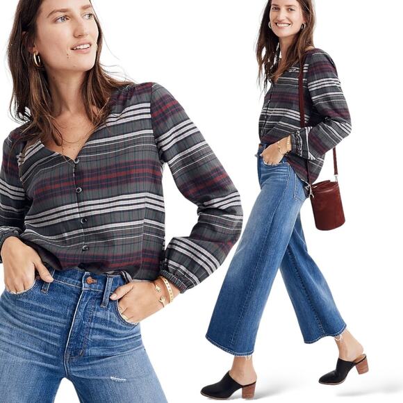 MADEWELL Pineview Plaid Button Front Blouse Top Striped Green Red Cozy Chic S/M - Picture 1 of 13